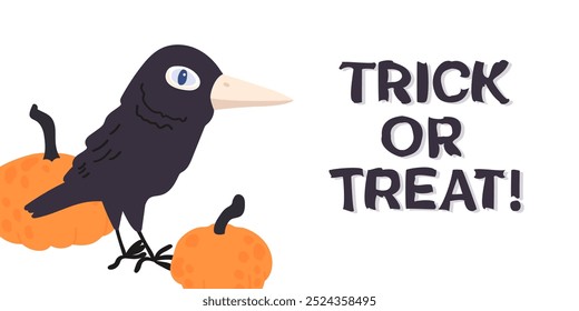 Diseño feliz del Anuncio del Vector del cuervo de Halloween. Tarjeta de felicitación del truco o del trato con las calabazas y los Elementos de la decoración del cuervo en el fondo blanco. Linda invitación espeluznante.