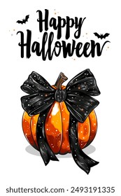 Happy Halloween ready made greeting card. Vector pumpkin with a black satin bow in a modern fashion style. Happy Halloween lettering with bats. 