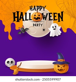 Happy halloween. Realistic 3D cylindrical podium. Happy halloween minimal scene for products showcase, Promotional display.