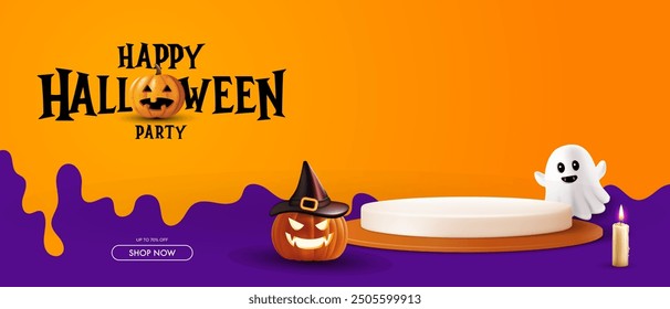 Happy halloween. Realistic 3D cylindrical podium. Happy halloween minimal scene for products showcase, Promotional display.