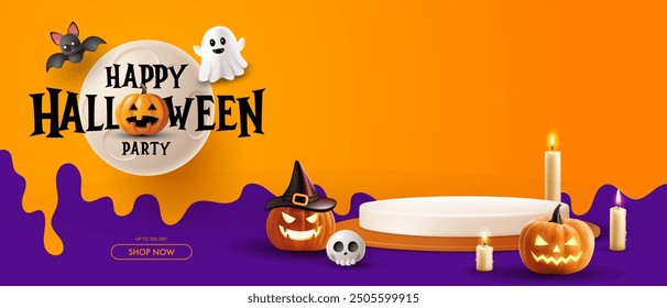 Happy halloween. Realistic 3D cylindrical podium. Happy halloween minimal scene for products showcase, Promotional display.