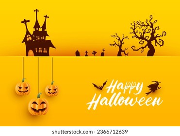 Happy halloween realistic background with hunted house pumpkins hand halloween trees isolated in yellow