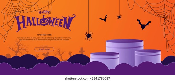 Happy halloween. Realistic purple 3D cylindrical podium for halloween banner. Happy halloween minimal scene for products showcase, Promotional display.