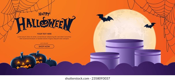 Happy halloween. Realistic purple 3D cylindrical podium for halloween banner. Happy halloween minimal scene for products showcase, Promotional display.