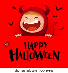 Feliz Halloween. Demonio diablo rojo con carteles grandes. Fondo rojo.