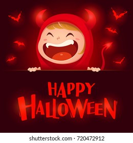 Happy Halloween. Red devil demon with big signboard. Dark background.