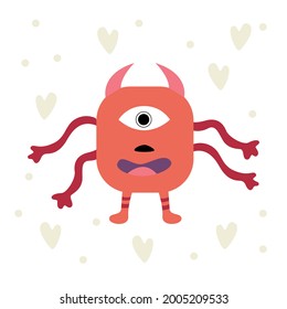 Happy Halloween. Red monster of a rectangular silhouette. One eye, horns, a smile, four hands. Cute cartoon kawaii scary funny childish character. White background. Flat and vector illusion.