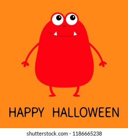 Happy Halloween. Red monster silhouette. Cute cartoon scary funny character. Baby collection. Eyes, fang tooth, hands. Orange background. Isolated. Flat design. Vector illustration