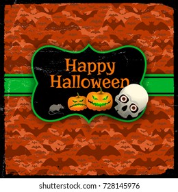 Happy halloween red seamless pattern with flying bats green tape and vintage blank with greeting text flat vector illustration