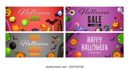 Happy Halloween red, violet banner set with candies. Halloween, October, trick or treat. Lettering can be used for greeting cards, invitations, announcements