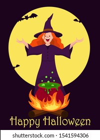 
Happy Halloween. Red-haired witch brews a green potion on a fire at night against the background of the moon. Cute cartoon witch. Vector flat illustration. Postcard, poster.
