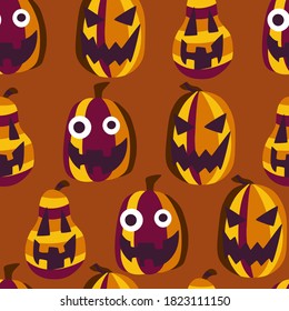 Happy halloween red-orange smiling pumpkins vector seamless pattern. Funny striped jack o lanterns halloween holiday endless texture. Smiley face pumpkin characters simple pattern. one of a series.