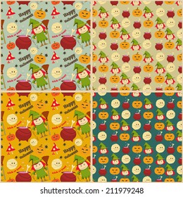 Happy Halloween Retro Background Seamless Set. Vector Illustration.