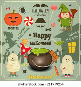 Happy Halloween Retro Card. Vector Illustration.