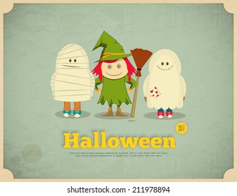 Happy Halloween Retro Card with Witch, Mummy and Ghost. Vector Illustration.