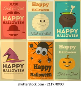 Happy Halloween Retro Cards Set. Vector Illustration.