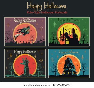 Happy Halloween Retro Greeting Cards Style, Holiday Scary Posters. Flying Witch, Zombie's Hand, Houses with the Ghosts