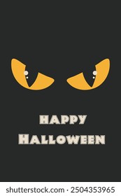 Happy Halloween. Retro poster. Yellow evil cat eyes and black background.