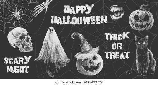 Happy Halloween retro set of photocopy halftone elements in Y2K aesthetic. Pumpkin, hat, skull, ghost, spider on the web, cat, vampire mouth with grain effect and stippling. Vector dots illustration.