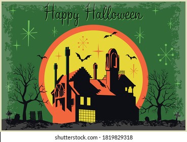 Happy Halloween Retro Style Greeting Card, Night Scene, House with the Ghosts, Spooky Illustration 