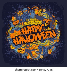 Happy Halloween retro styled doodle creative design with various elements of holiday on dark blue grunge background. Vector illustration.