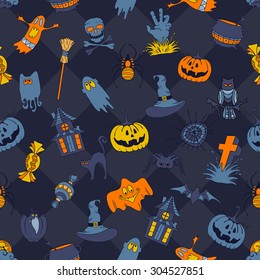 Happy Halloween retro styled doodle creative seamless pattern with various elements of holiday on dark blue background. Vector illustration.