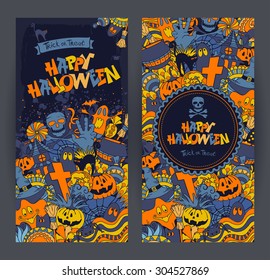 Happy Halloween retro styled doodle creative banners with various elements of holiday on dark blue grunge background. Vector illustration.