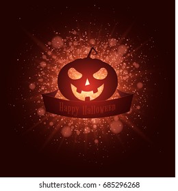 Happy Halloween. Ribbon banner. Abstract bright flash of light with red lights. Red cartoon malicious pumpkin. Luxurious invitation card for the holiday. Vector illustration
