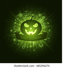 Happy Halloween . Ribbon banner with text. Abstract bright flash of light with green lights. Green cartoon evil pumpkin. Luxurious invitation card for the holiday. Vector illustration