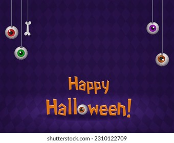 Happy Halloween room with purple diamond-shaped wall and hanging eyes vector background for design