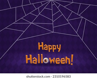 Happy Halloween room with purple diamond-shaped wall and spider web vector background for design