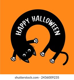 Happy Halloween. Round circle shape laying kitten. Cartoon baby pet character. Long body cat. Cute kawaii chilling black kitty head face, paw print hands. Flat design. Orange background. Vector