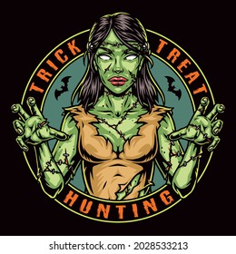Happy Halloween round colorful logo in vintage style with scary female zombie sewn from different parts isolated vector illustration