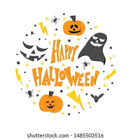 Happy halloween round emblem flat illustration. Vector simple design.