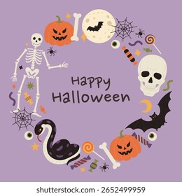 Happy Halloween round frame on purple background with pumpkins, skeleton, moon, bat, skull, snake, web, spiders, bones and candies. Holiday banner, poster, greeting card. Vector flat illustration
