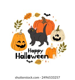 Happy Halloween round greeting card with black cat, pumpkin, bat, candles, autumn leaves. Vector illustration in cartoon flat style