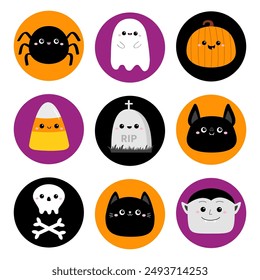 Feliz Halloween conjunto de iconos redondos. Araña, espíritu fantasma, calabaza, maíz del caramelo del murciélago, lápida, gato, Drácula, hueso del cráneo. Lindo personaje de dibujos animados kawaii bebé divertido. Diseño plano. Fondo blanco. Vector