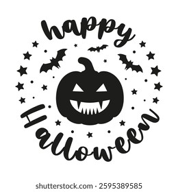Happy Halloween round sign with pumpkin and bats. Circle shape vector silhouette illustration for greeting card, invitation, sticker