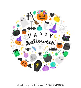 Happy Halloween round vector illustration graphic. Halloween hand writing and hand drawn spooky, scary objects in circle around. Isolated greeting card.