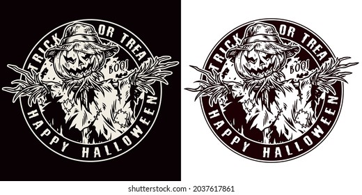 Happy Halloween round vintage emblem in monochrome style with scary scarecrow with pumpkin head in straw hat isolated vector illustration