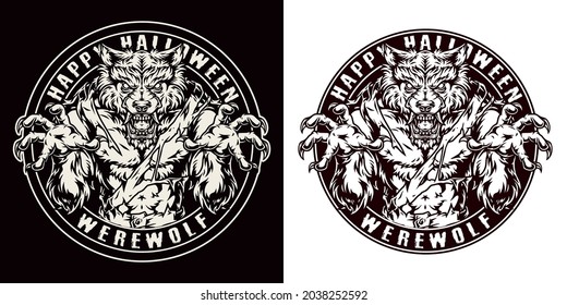 Happy Halloween round vintage emblem in monochrome style with aggressive cruel werewolf isolated vector illustration