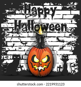 Happy Halloween. Rugby ball in the form of a pumpkin with a candle and cats against the background of bricks. Pattern for banner, poster, greeting card, invitation. Vector illustration 