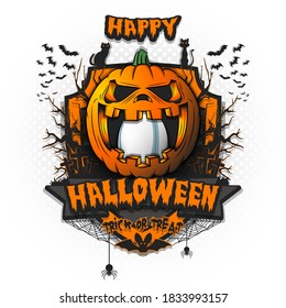 Happy Halloween. Rugby ball inside frightening pumpkin. Cats, bats, spiders, trees, crosses. Design template for banner, poster, greeting card, flyer, party invitation. Vector illustration