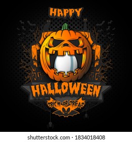Happy Halloween. Rugby ball inside frightening pumpkin. Cats, bats, spiders, trees, crosses. Design template for banner, poster, greeting card, flyer, party invitation. Vector illustration
