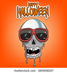 Happy Halloween. Rugby ball with skull in sunglasses with paint. Graffiti illustration of rugby ball with skull on isolated background. Skull art image. Vector illustration