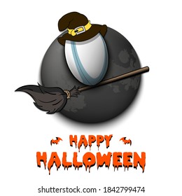 Happy Halloween. Rugby ball with witch hat on a broomstick against the background of the moon. Pattern for banner, poster, greeting card, flyer, party invitation. Vector illustration