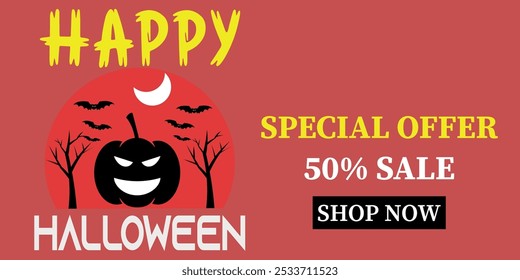 Happy Halloween Sale 50% off. Happy Halloween sale template design vector illustration