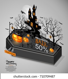 Happy Halloween Sale 50% Poster. Vector illustration in flat design and isometric paper cut pop-up style.