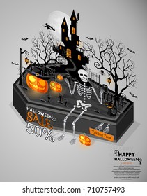 Happy Halloween Sale 50% Poster. Vector illustration in flat design and isometric paper cut pop-up style.