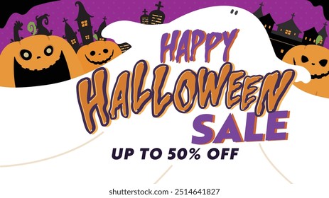 Happy Halloween Sale ad background template decorated with pumpkins and castles (purple)
